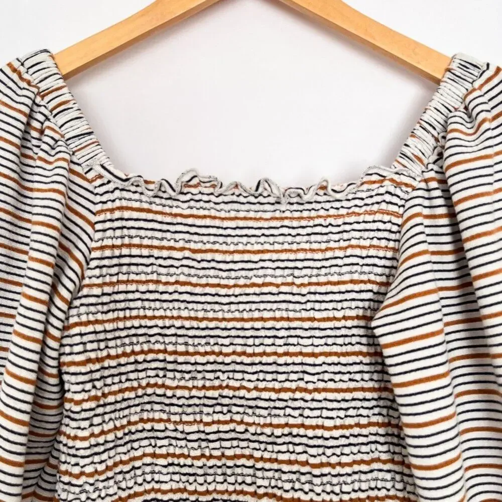 Loft Smocked Top Square Neck Puff Short Sleeves Ruffle Trim Size XS White Multi